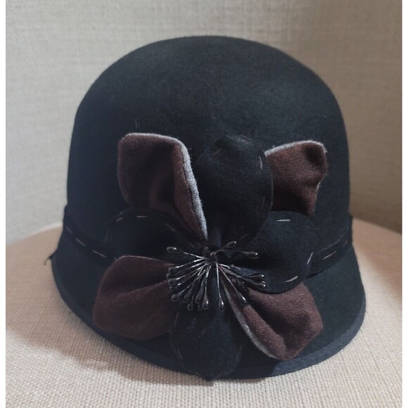Womens Retro Bucket Black Hat with Flowers Scala Collezione 100% Wool - Picture 3 of 5